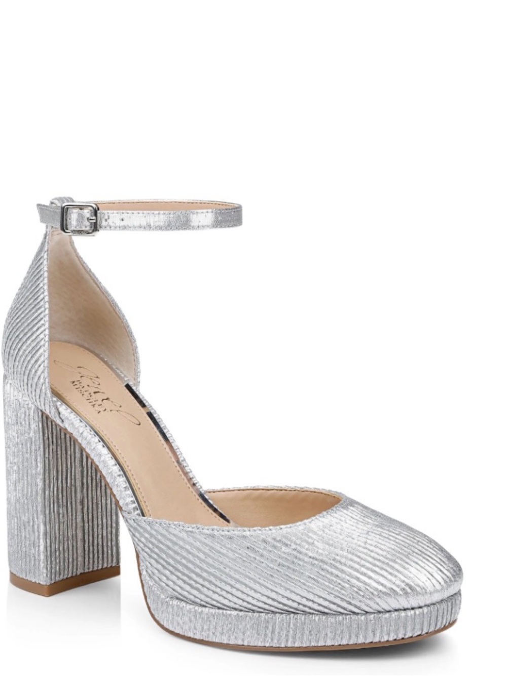 Badgley Mischka Silver Textured Block Heel Ankle-Strap Pumps